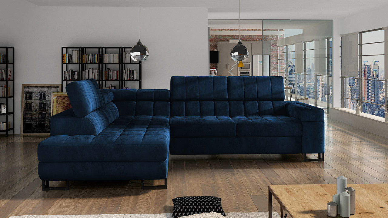 ANDREA Blue Sectional Sleeper Sofa, Chaise with Storage