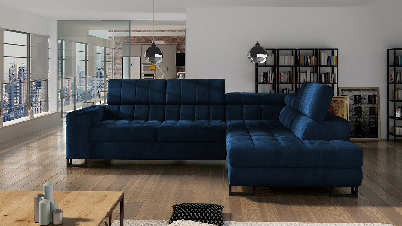 ANDREA Blue Sectional Sleeper Sofa, Chaise with Storage