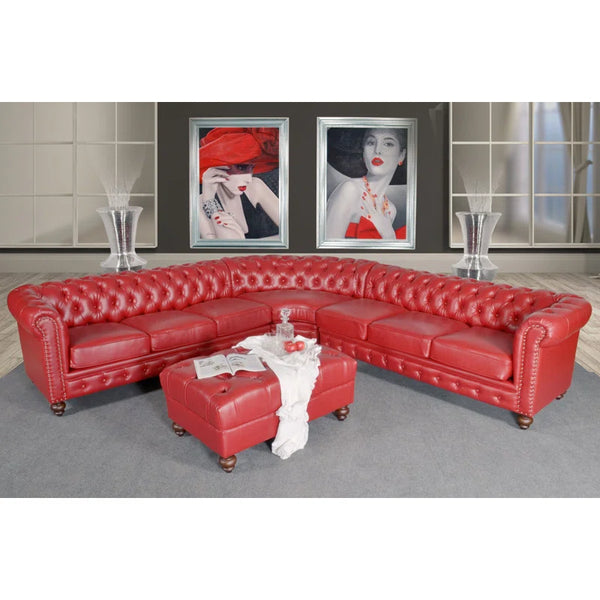 AFD Home Classic Chesterfield Red Sectional with Ottoman