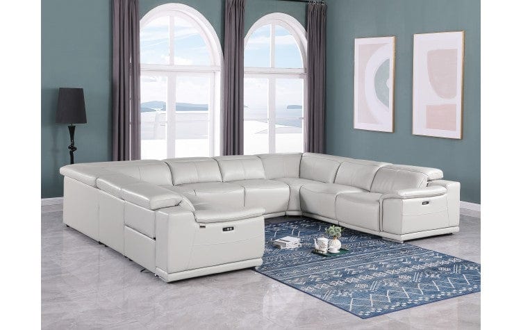 Global United Furniture DivanItalia Light Gray 8-Piece Sectional Sofa – Top Grain Italian Leather with 4 Power Recliners