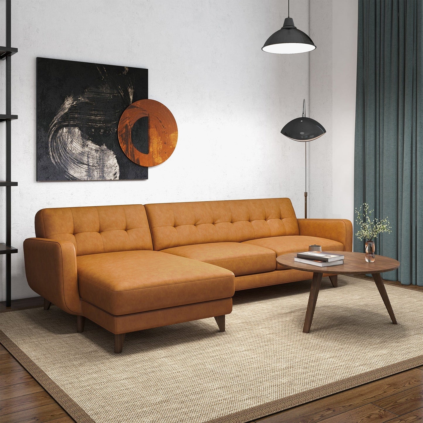 Ashcroft Allison Left-Facing Tan Leather Sectional Sofa