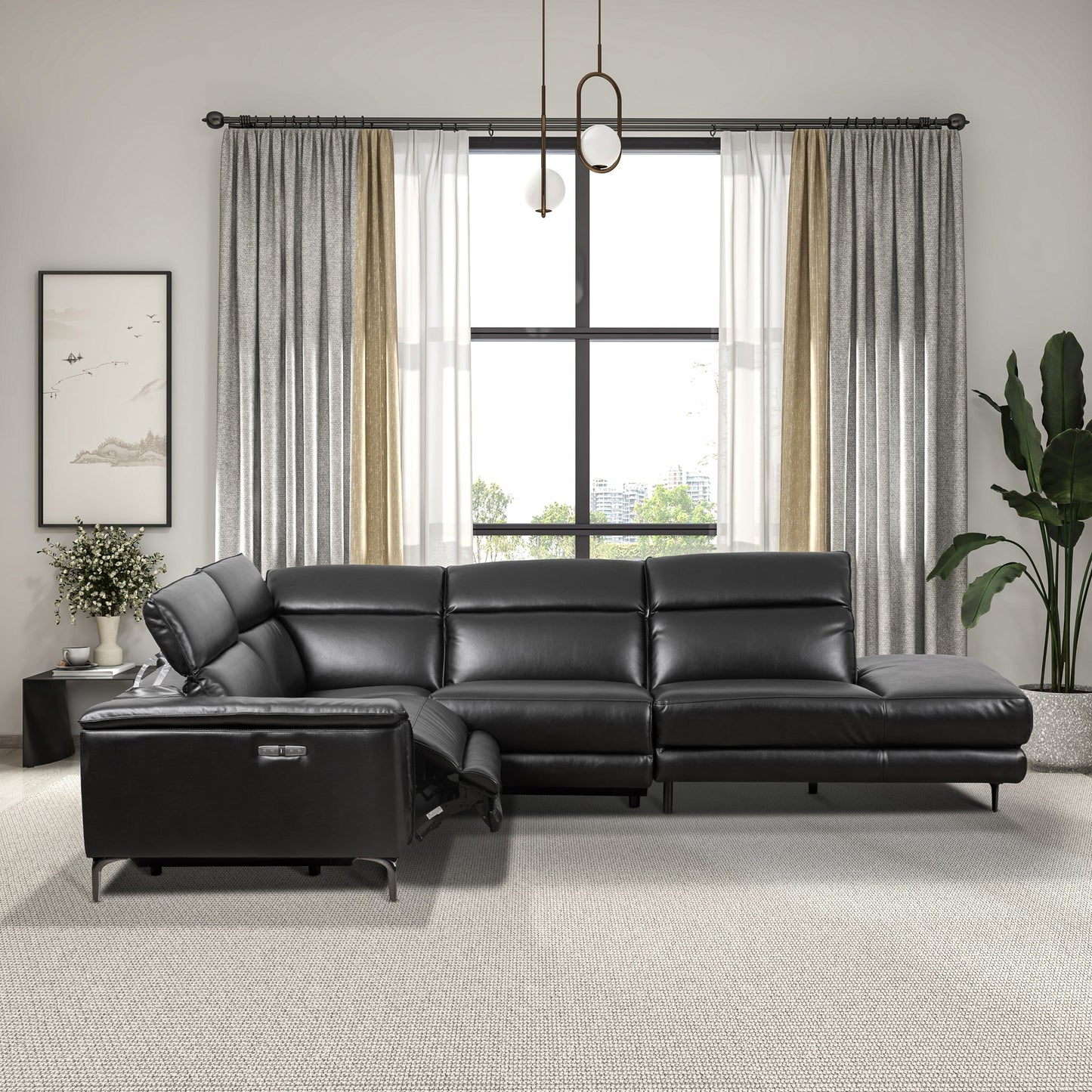 Ashcroft Zander Reclining Sectional Sofa - Black Faux Leather