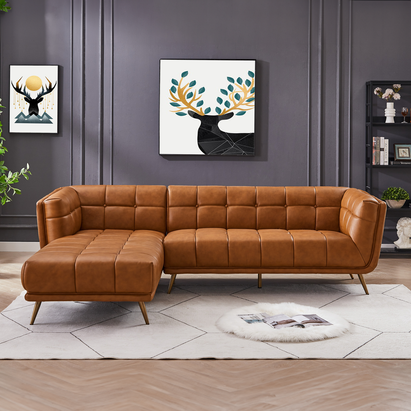 Ashcroft Addison Left Sectional Cognac Leather Sofa