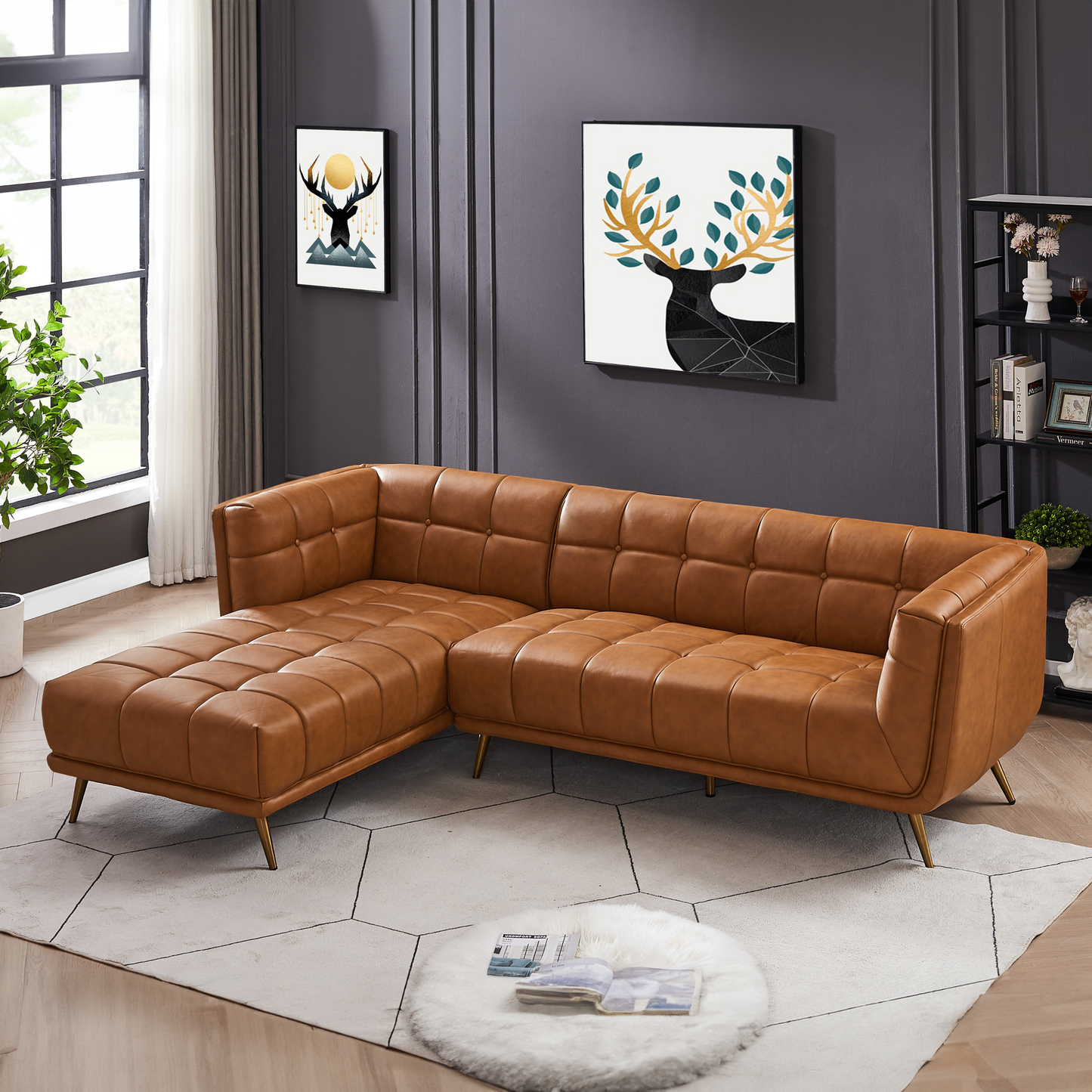 Ashcroft Addison Left Sectional Cognac Leather Sofa