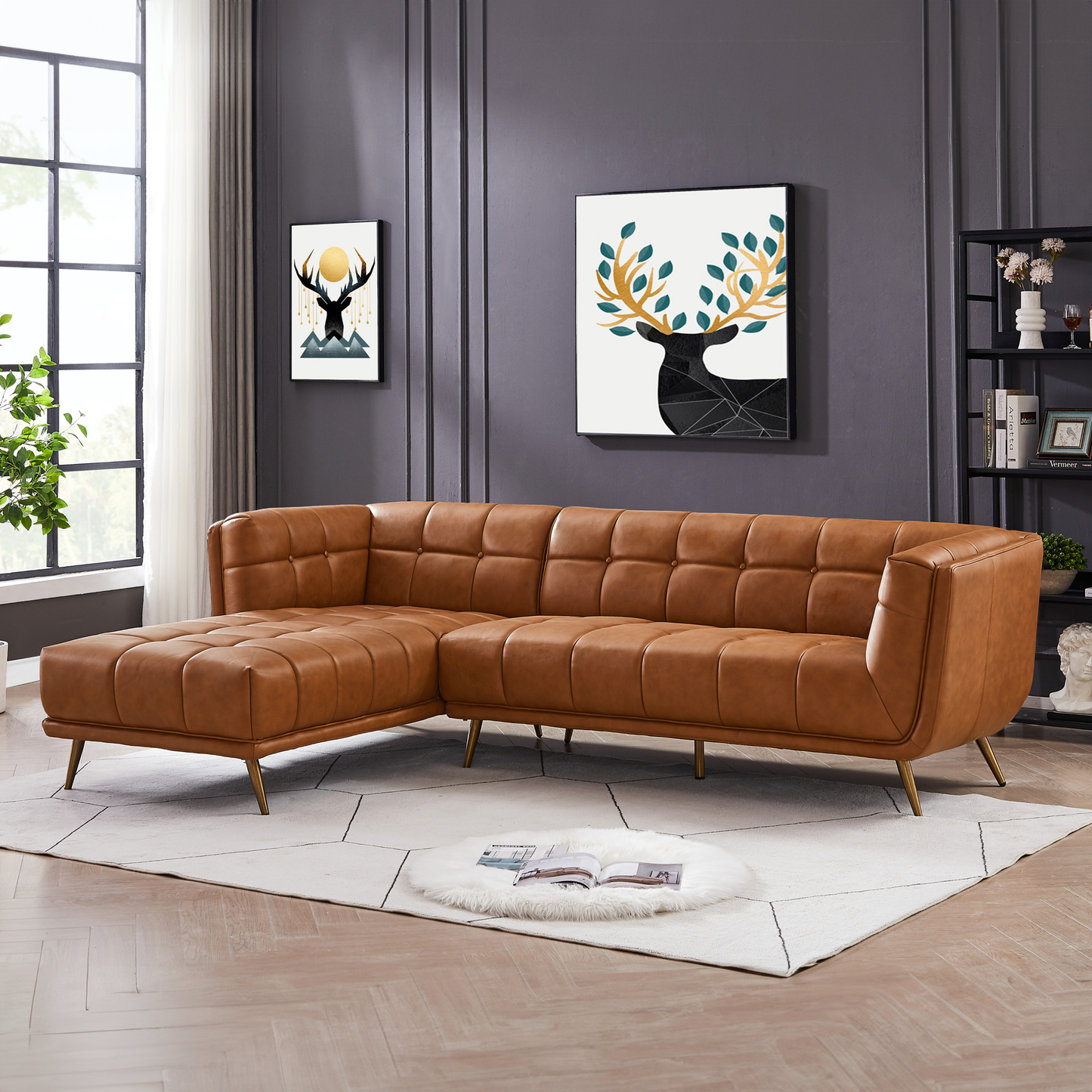 Ashcroft Addison Left Sectional Cognac Leather Sofa