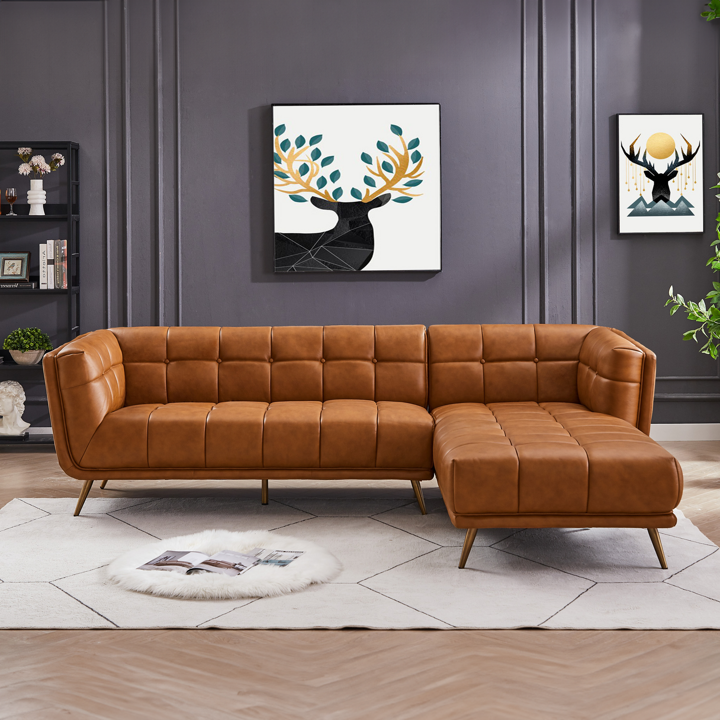 Ashcroft Addison Right Sectional Cognac Leather Sofa