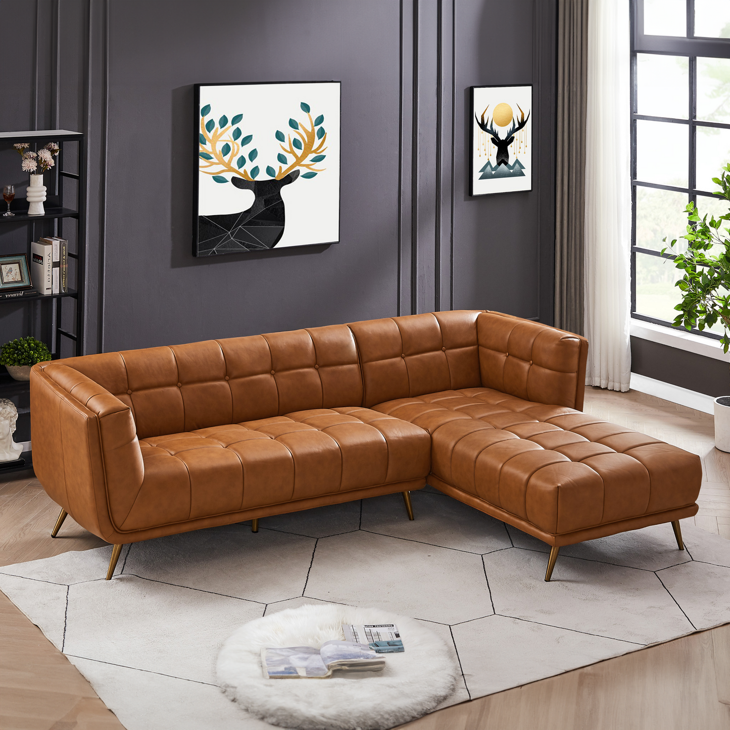 Ashcroft Addison Right Sectional Cognac Leather Sofa