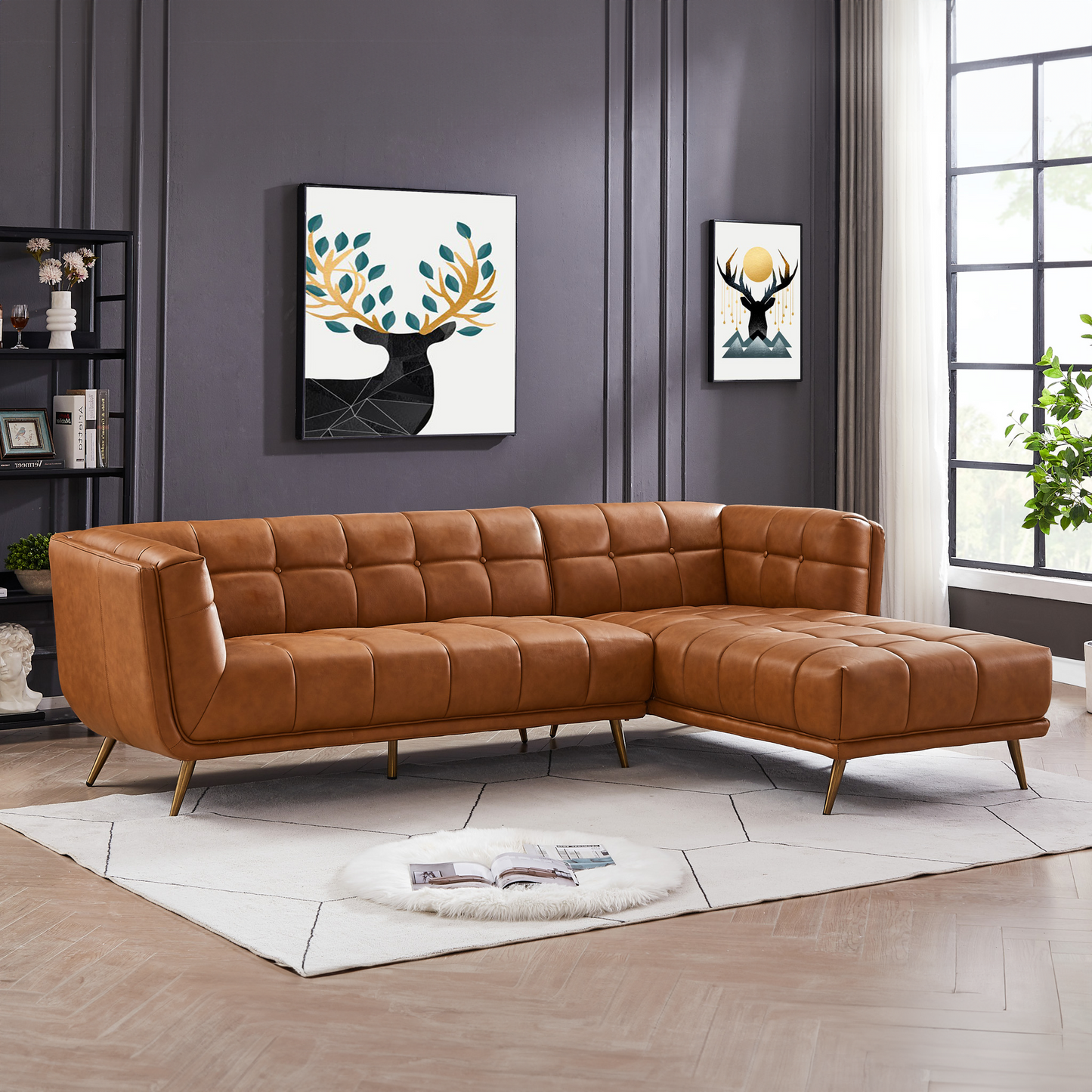 Ashcroft Addison Right Sectional Cognac Leather Sofa