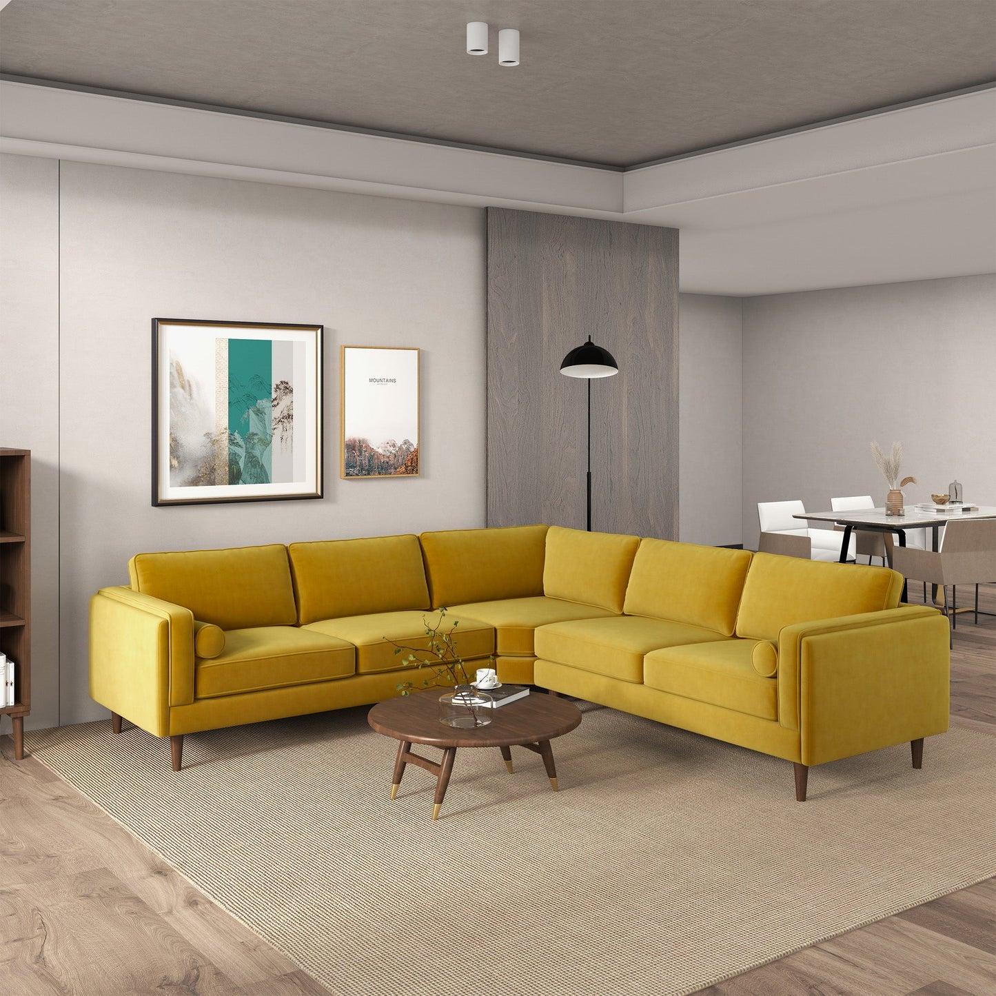 Ashcroft Amber Yellow Velvet Corner Sectional Sofa