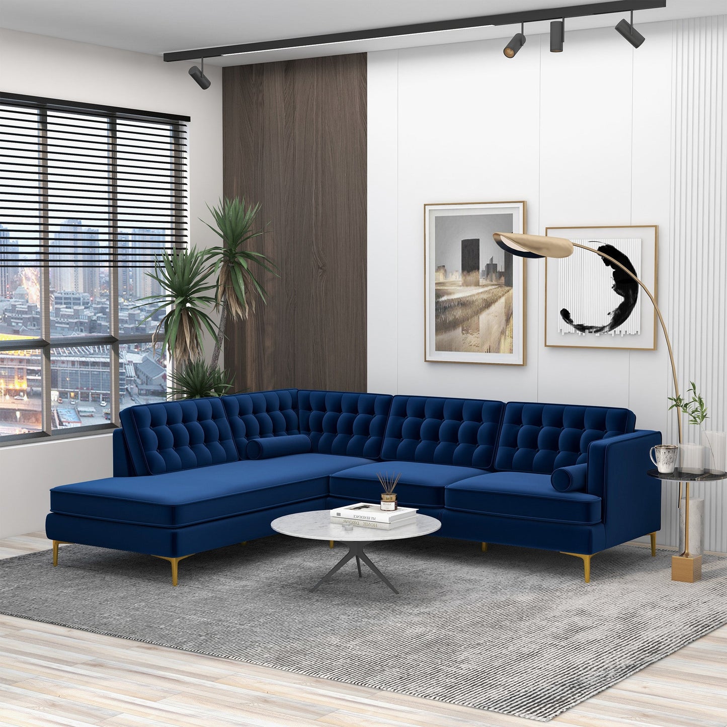 Ashcroft Brooke Dark Blue Sectional Sofa Left Facing