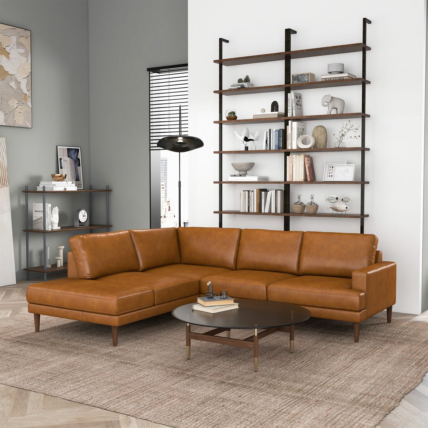 Ashcroft Corbin Left-Facing Tan Leather Sectional Sofa