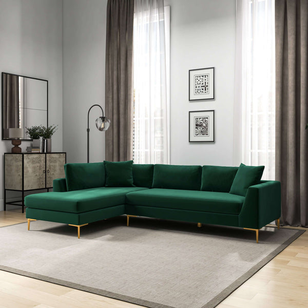 Ashcroft Mano  L-Shaped Velvet Sectional Sofa In Green Left Facing