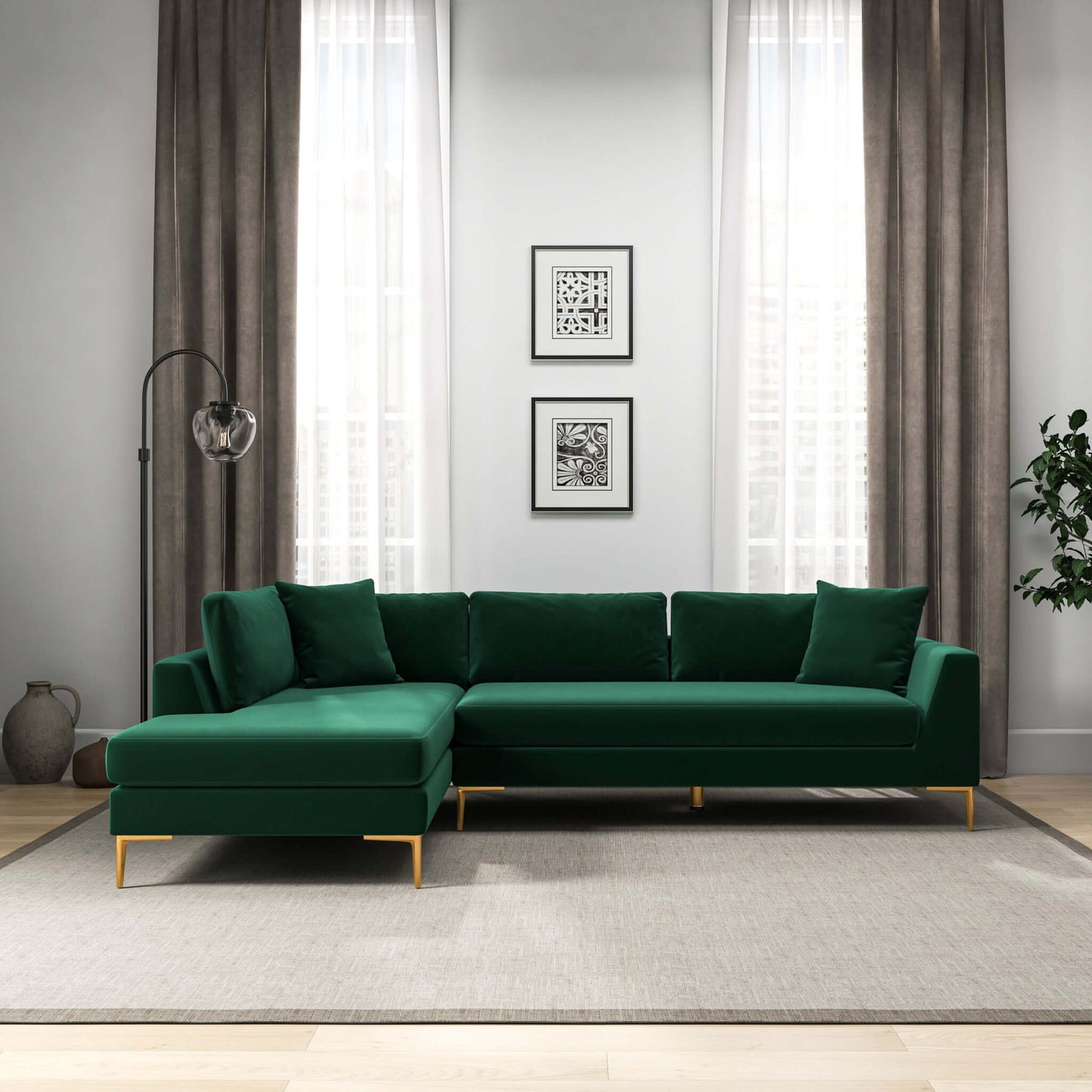 Ashcroft Mano  L-Shaped Velvet Sectional Sofa In Green Left Facing