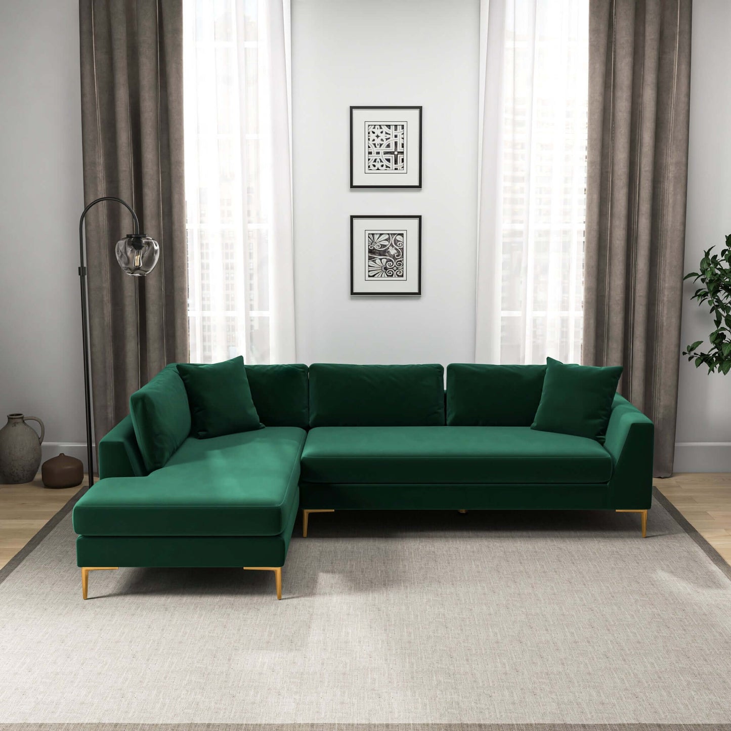 Ashcroft Mano  L-Shaped Velvet Sectional Sofa In Green Left Facing