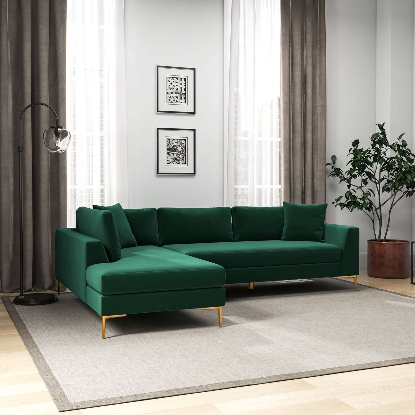 Ashcroft Mano  L-Shaped Velvet Sectional Sofa In Green Left Facing