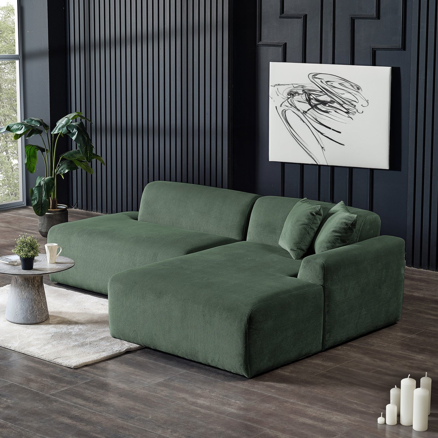 Ashcroft Mar Sectional Green Corduroy Sofa (Right Facing)