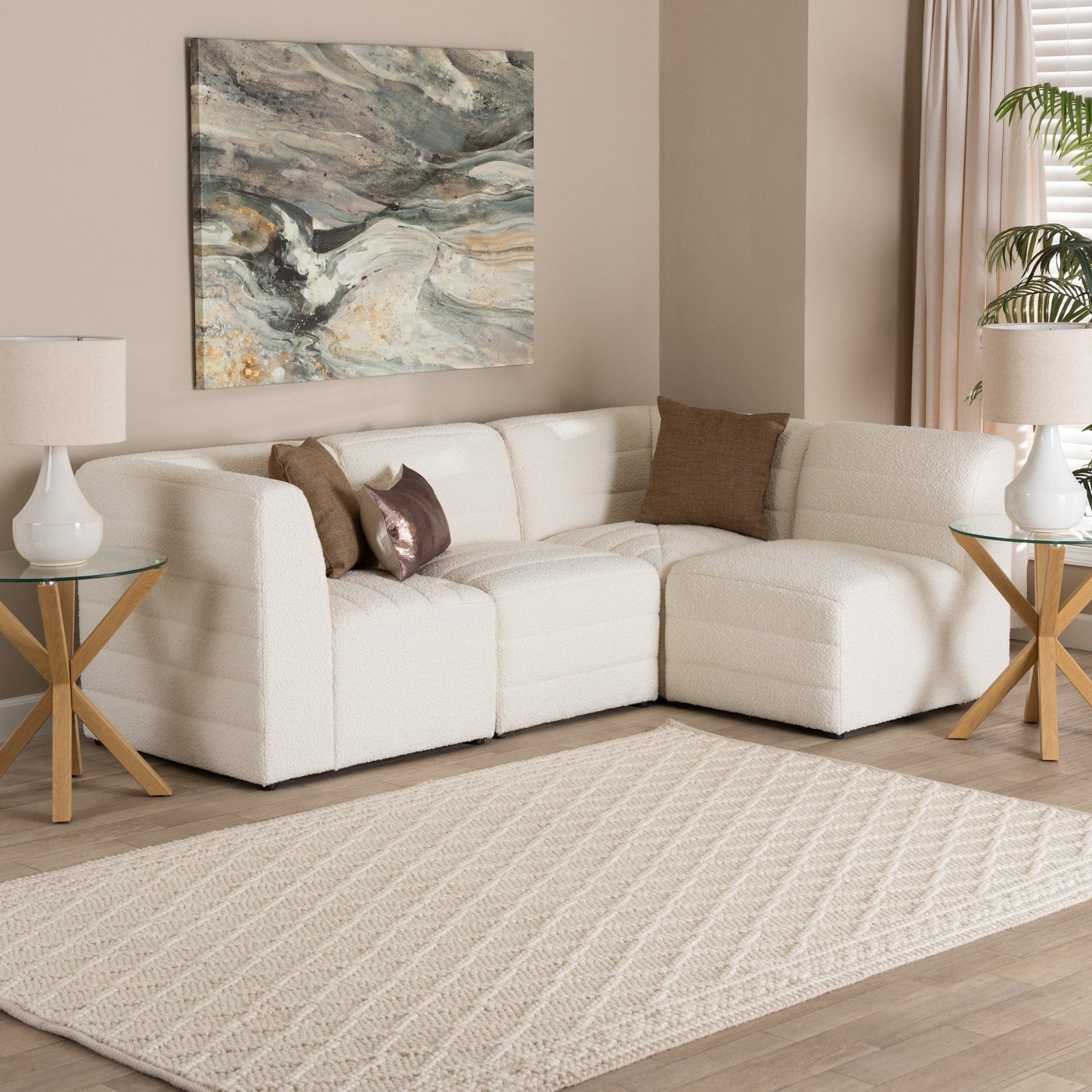 Baxton Maya Modern White Boucle Fabric Modular Sectional Sofa