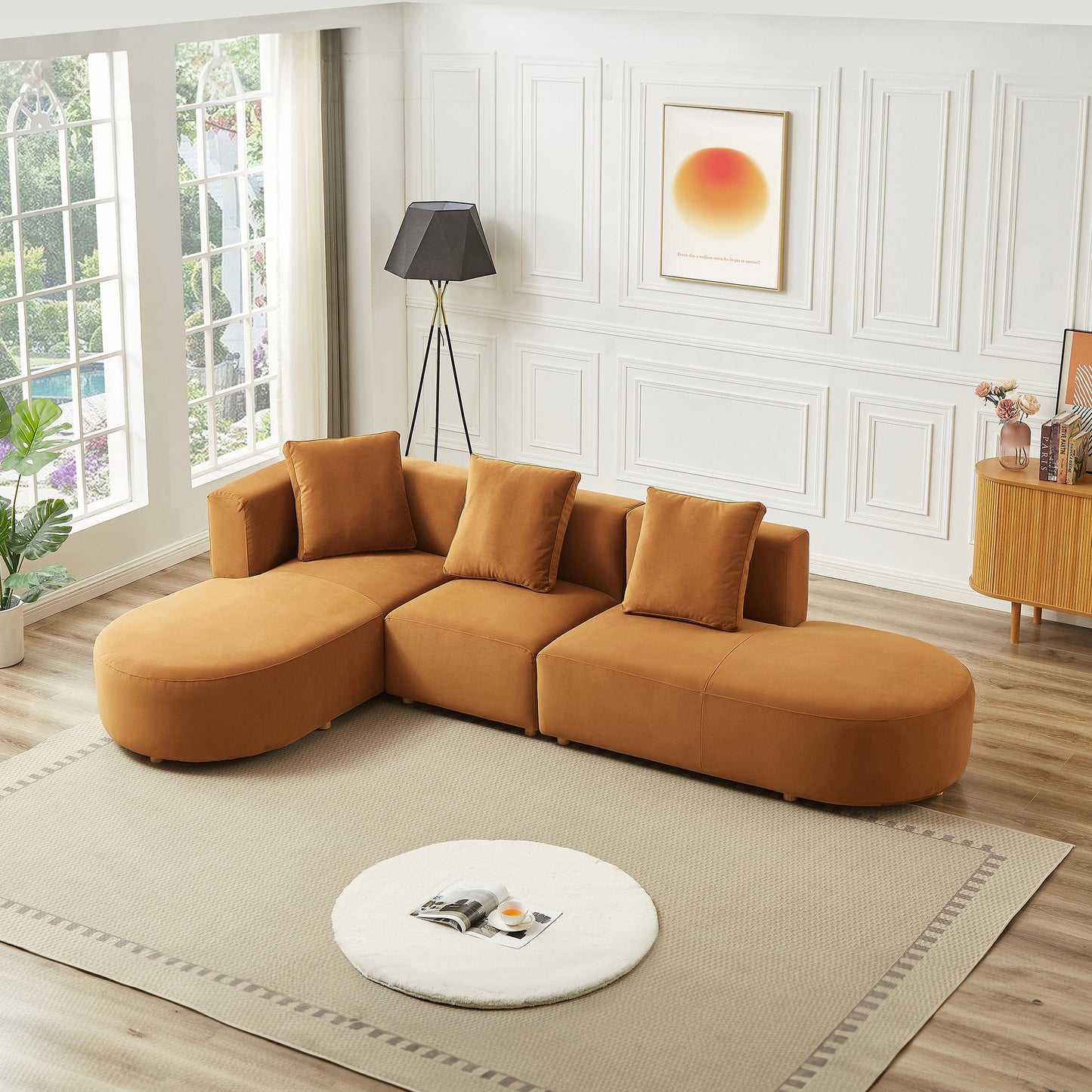 Ashcroft Orby Velvet Sectional Sofa Left Facing, Cognac