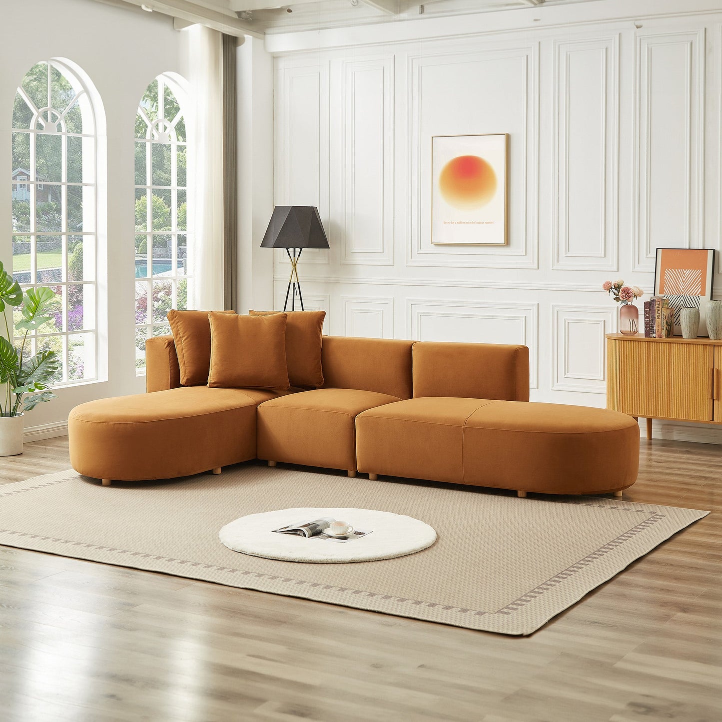 Ashcroft Orby Velvet Sectional Sofa Left Facing, Cognac