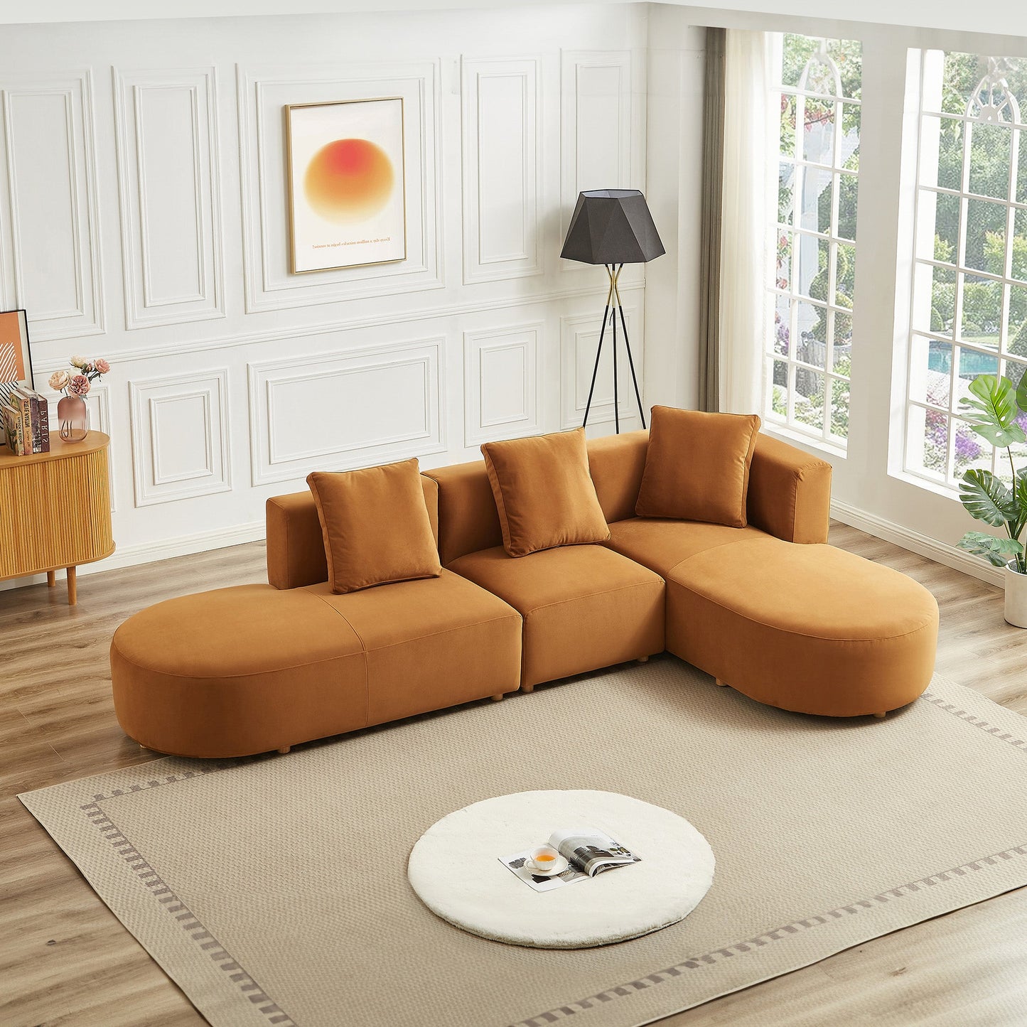 Ashcroft Orby Velvet Sectional Sofa Right Facing, Cognac