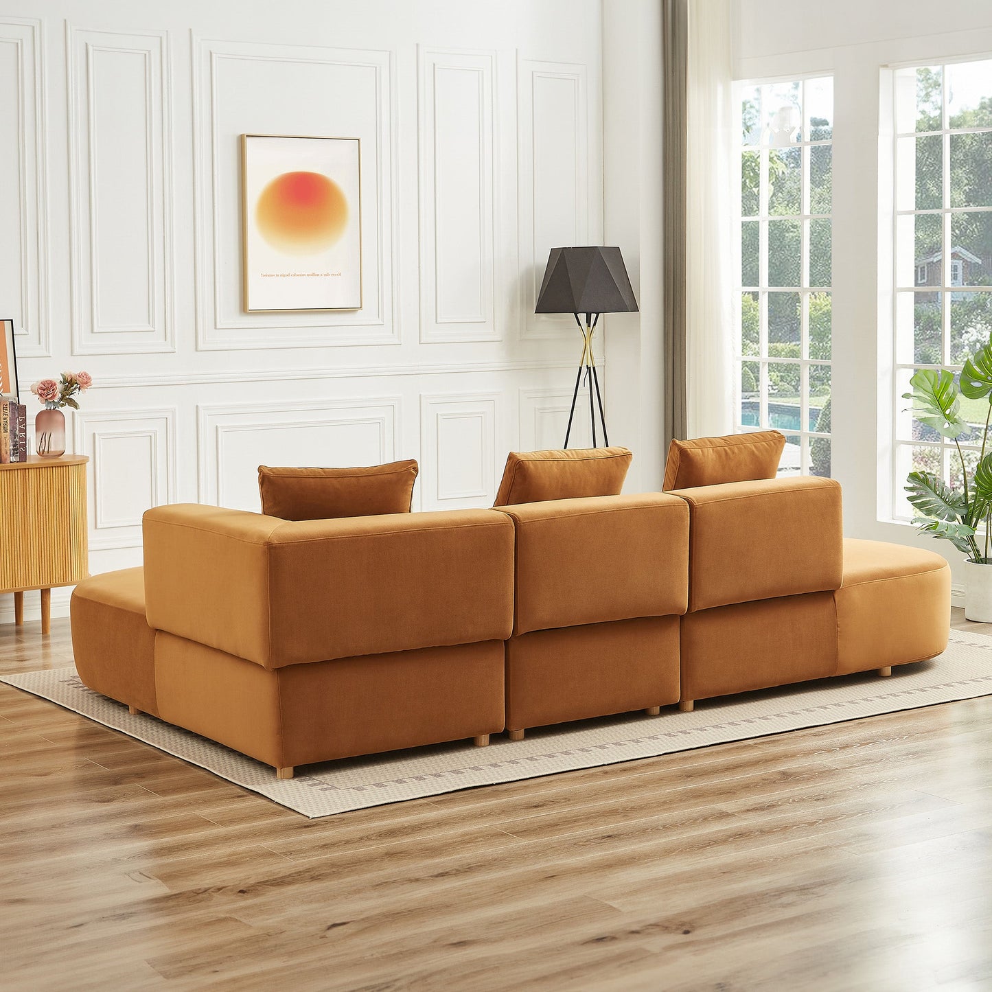 Ashcroft Orby Velvet Sectional Sofa Right Facing, Cognac