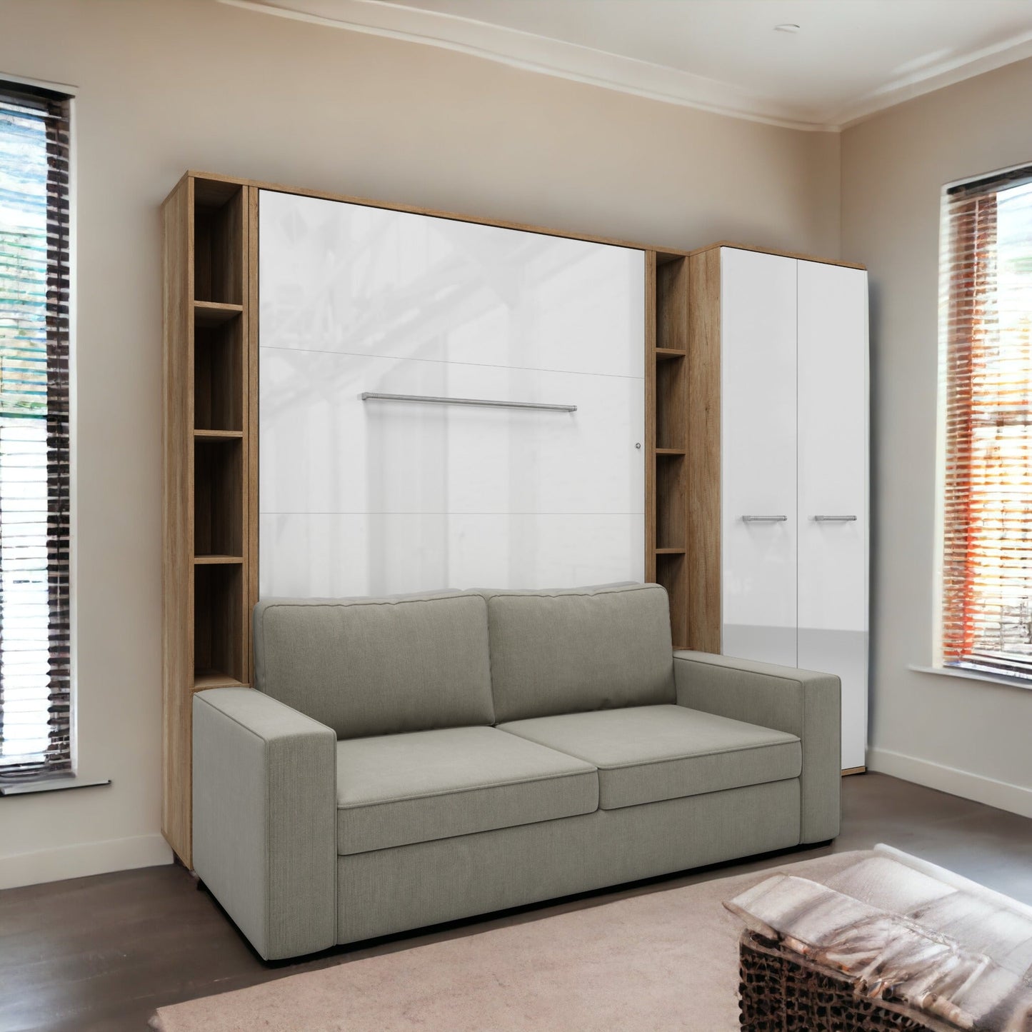 Maxima House Invento Vertical European FULL Size Sofa Murphy Bed with 2 Shelves and Wardrobe