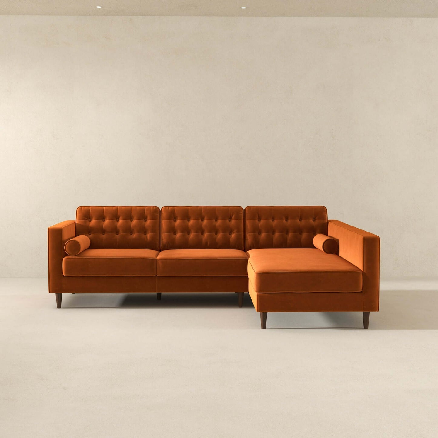 Ashcroft Christian Burnt Orange Velvet Sectional Sofa Right Facing