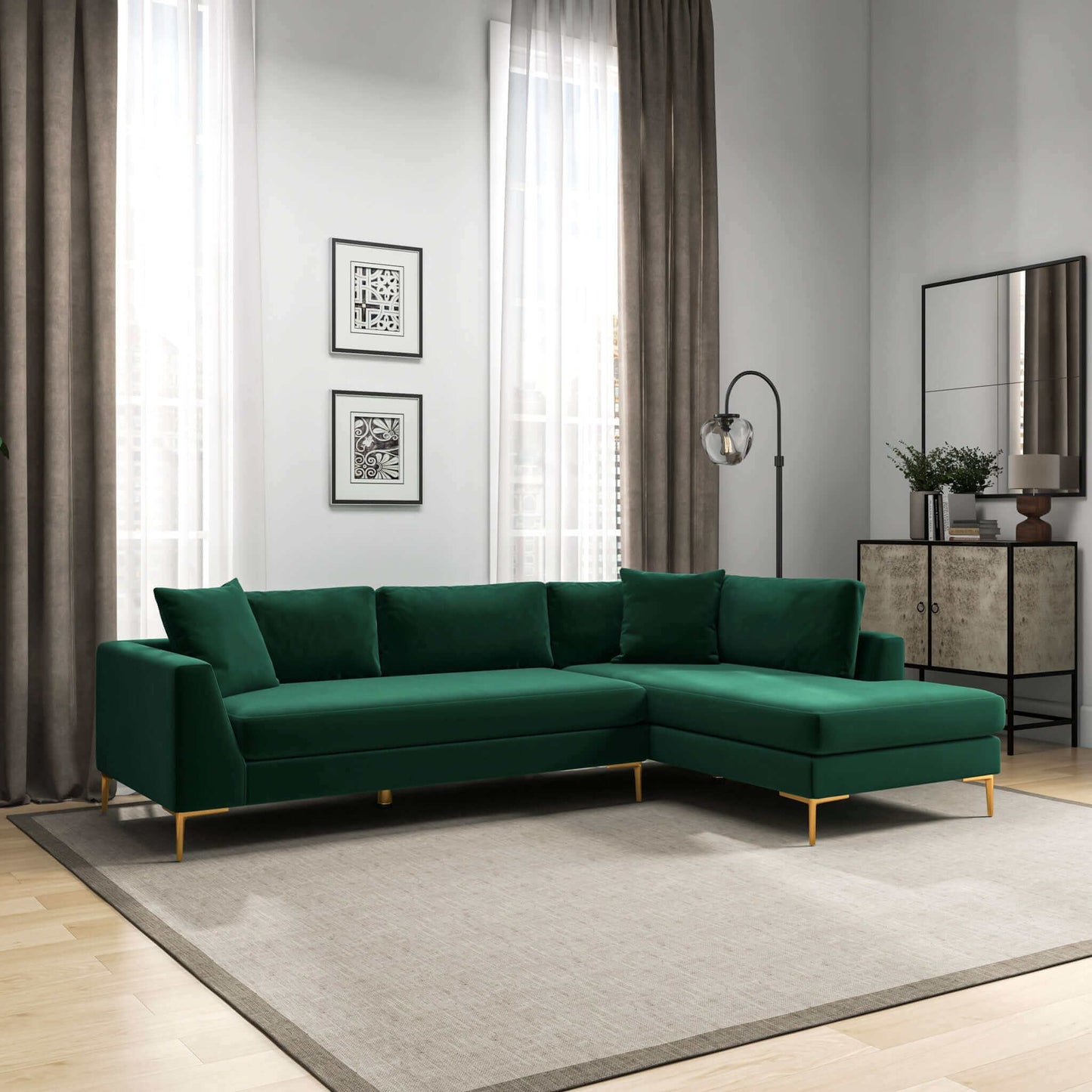 Ashcroft Mano  L-Shaped Velvet Sectional Sofa In Green Right Facing