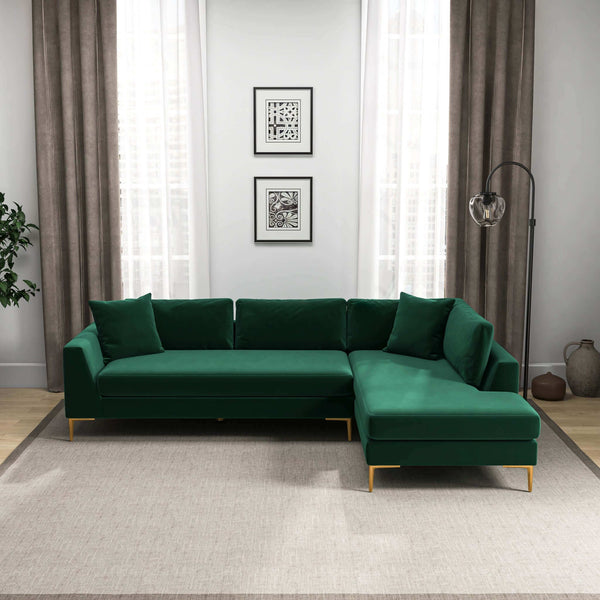 Ashcroft Mano  L-Shaped Velvet Sectional Sofa In Green Right Facing