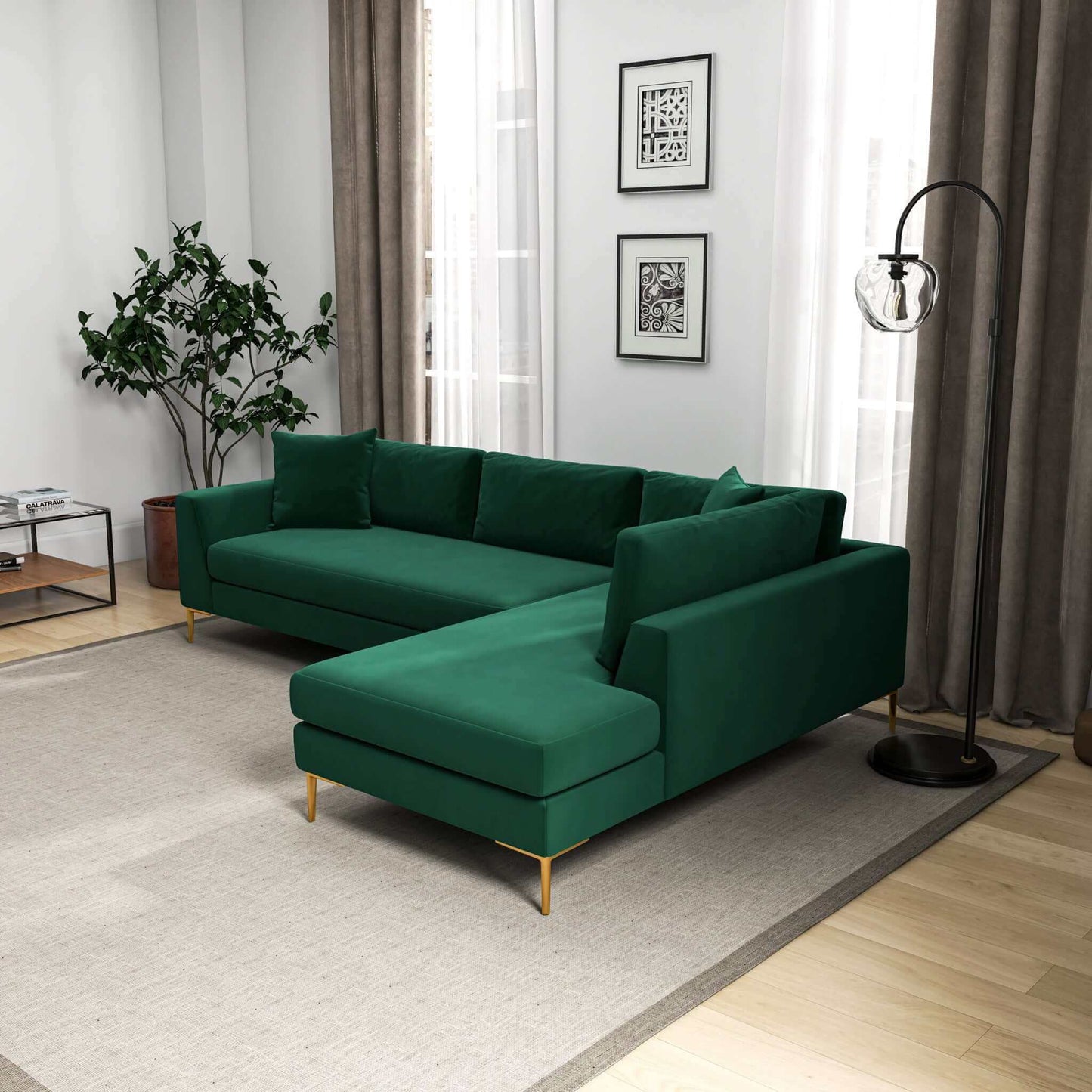 Ashcroft Mano  L-Shaped Velvet Sectional Sofa In Green Right Facing