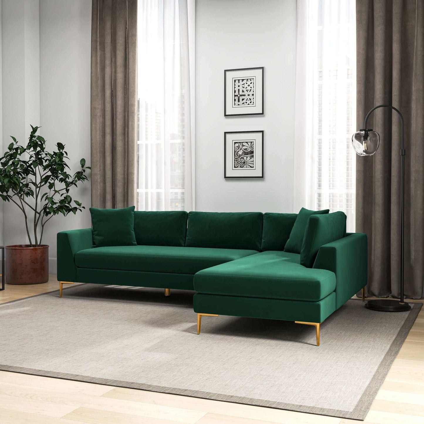 Ashcroft Mano  L-Shaped Velvet Sectional Sofa In Green Right Facing