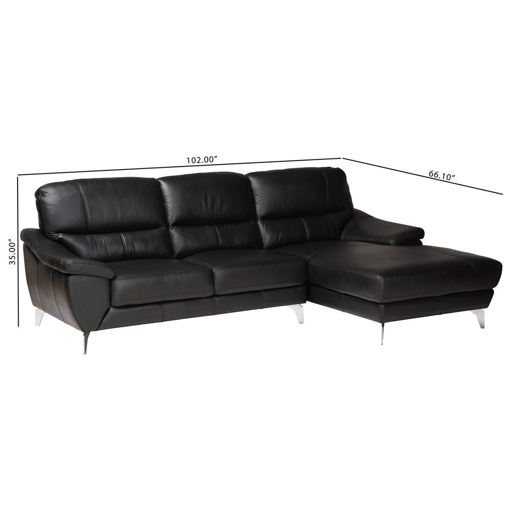 Baxton Townsend Modern Full Leather Sectional Sofa with Right Facing Chaise, Black