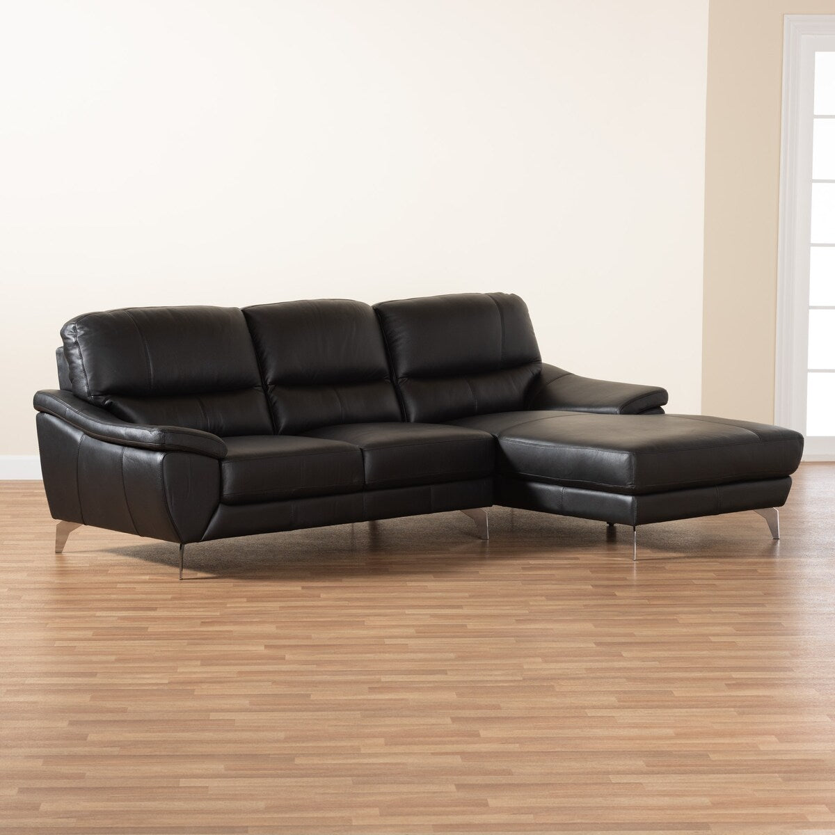 Baxton Townsend Modern Full Leather Sectional Sofa with Right Facing Chaise, Black