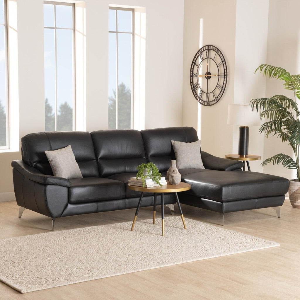 Baxton Townsend Modern Full Leather Sectional Sofa with Right Facing Chaise, Black