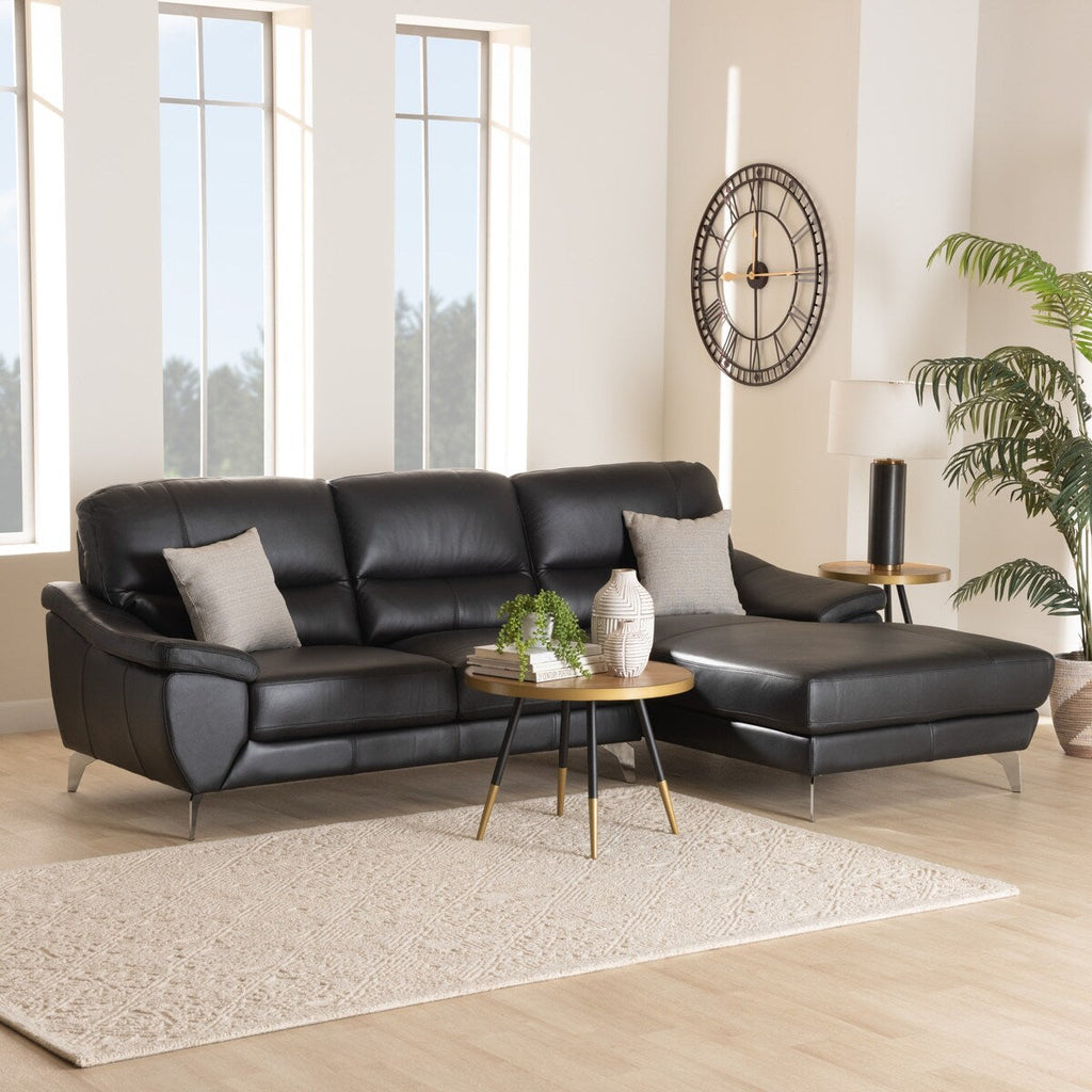 Baxton Townsend Modern Full Leather Sectional Sofa with Right Facing Chaise, Black