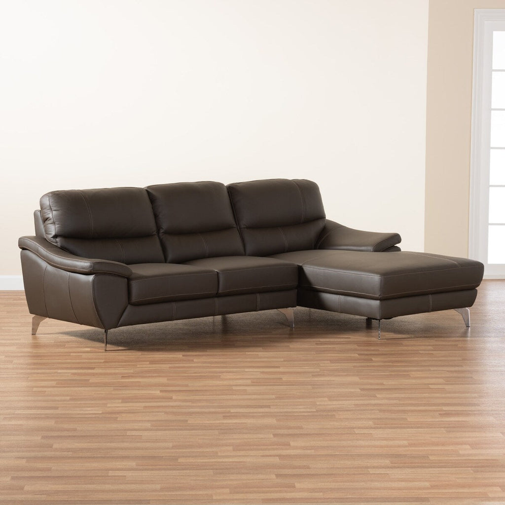 Baxton Townsend Modern Full Leather Sectional Sofa with Right Facing Chaise, Black