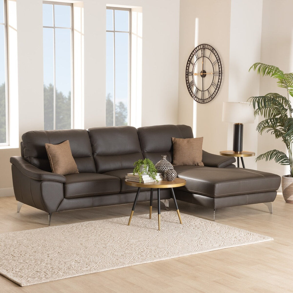 Baxton Townsend Modern Full Leather Sectional Sofa with Right Facing Chaise, Black