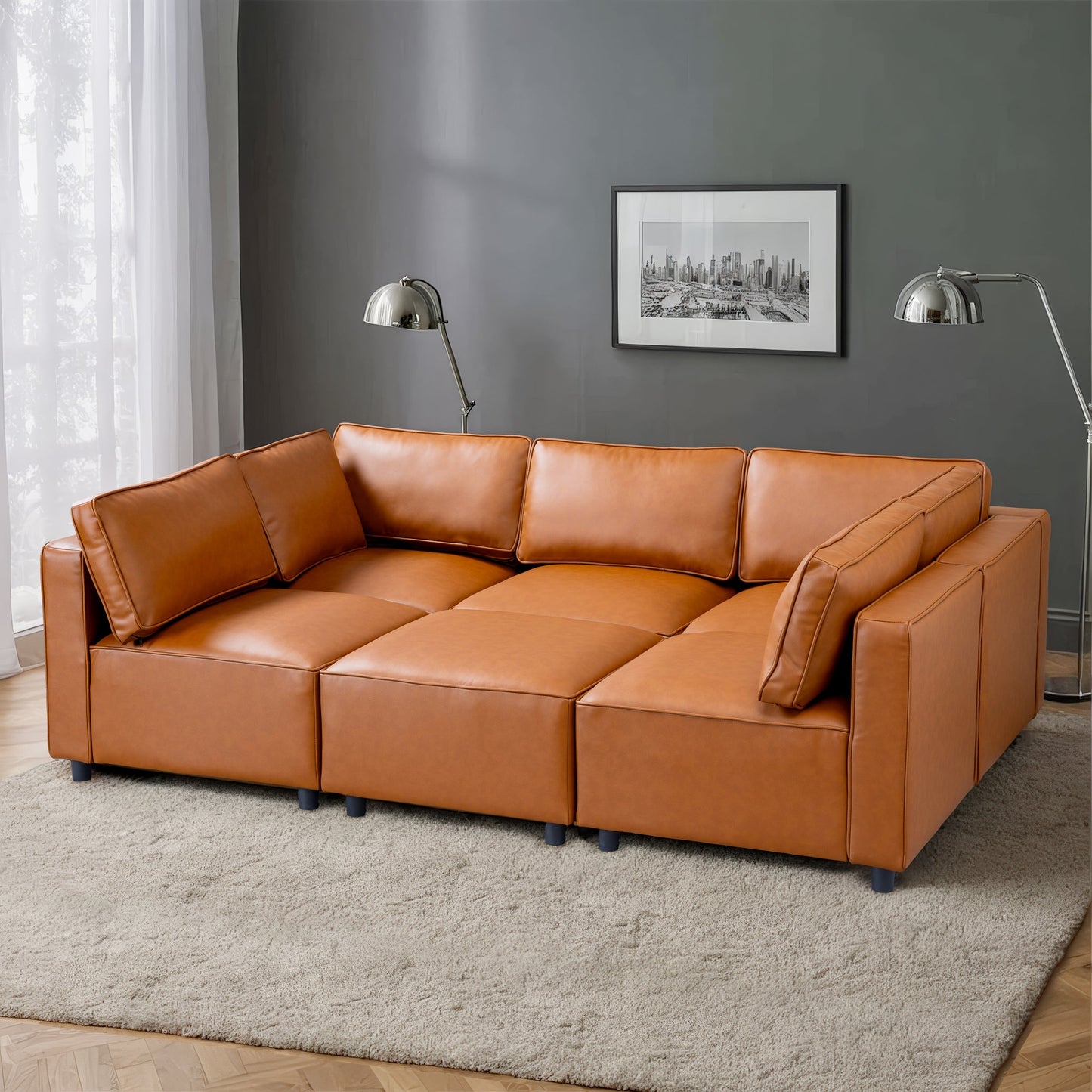 Ashcroft Reno Cognac Vegan Leather Modular Sofa