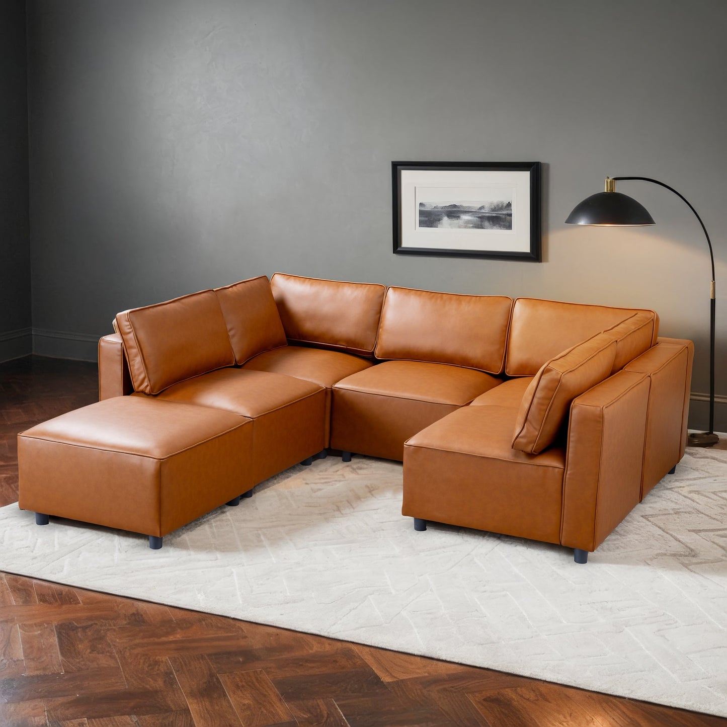 Ashcroft Reno Cognac Vegan Leather Modular Sofa