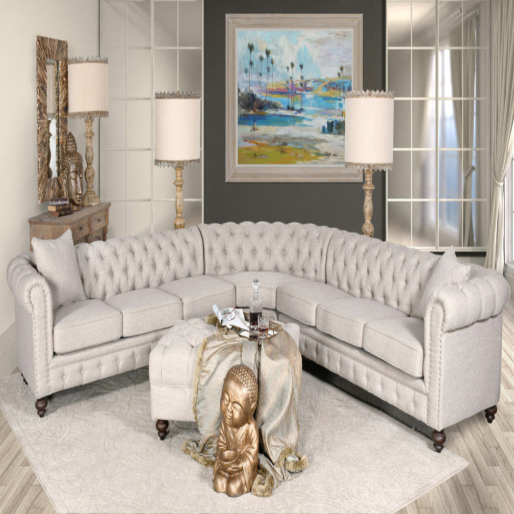 AFD Classic Chesterfield Sectional with Ottoman in Dark Linen Fabric, Light Gray