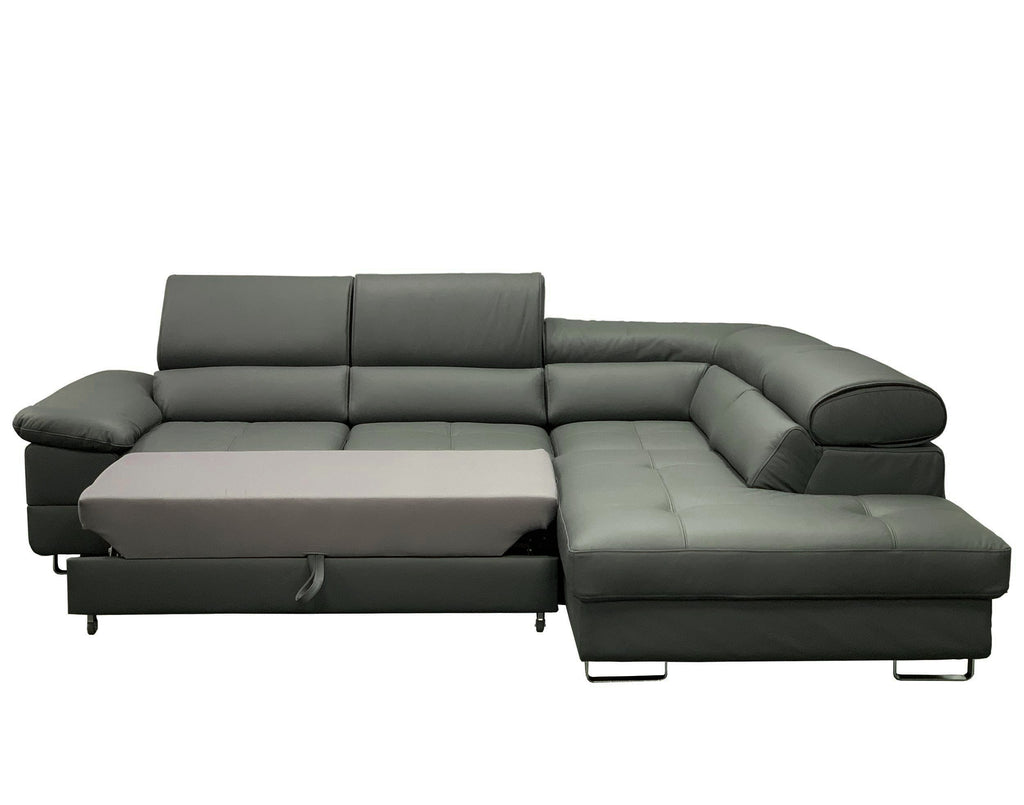 COSTA Leather Sectional Sleeper Sofa, Right Corner, Gray