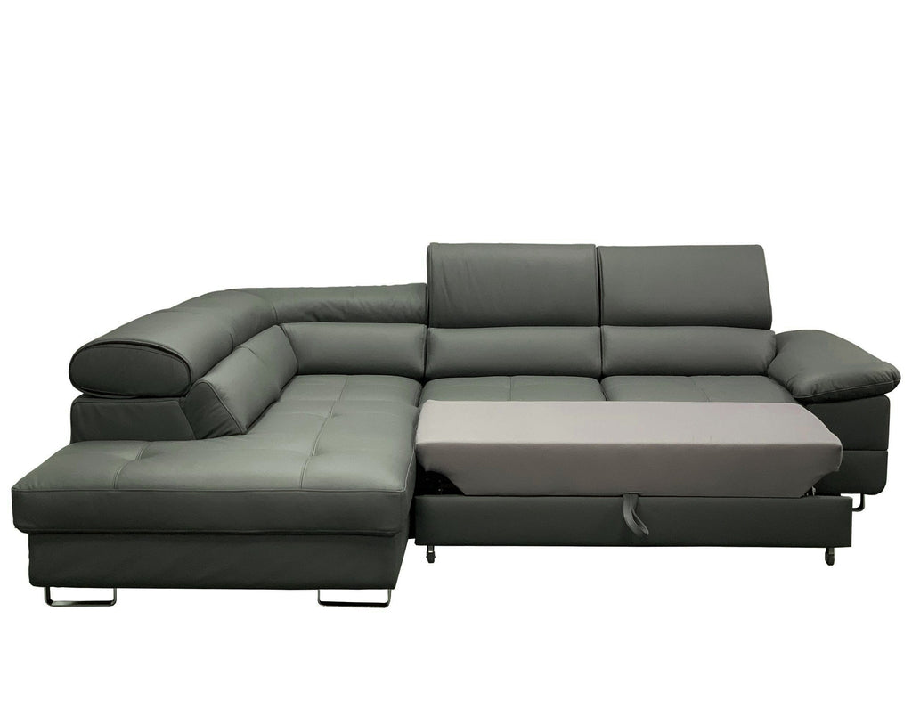 COSTA Leather Sectional Sleeper Sofa, Right Corner, Gray