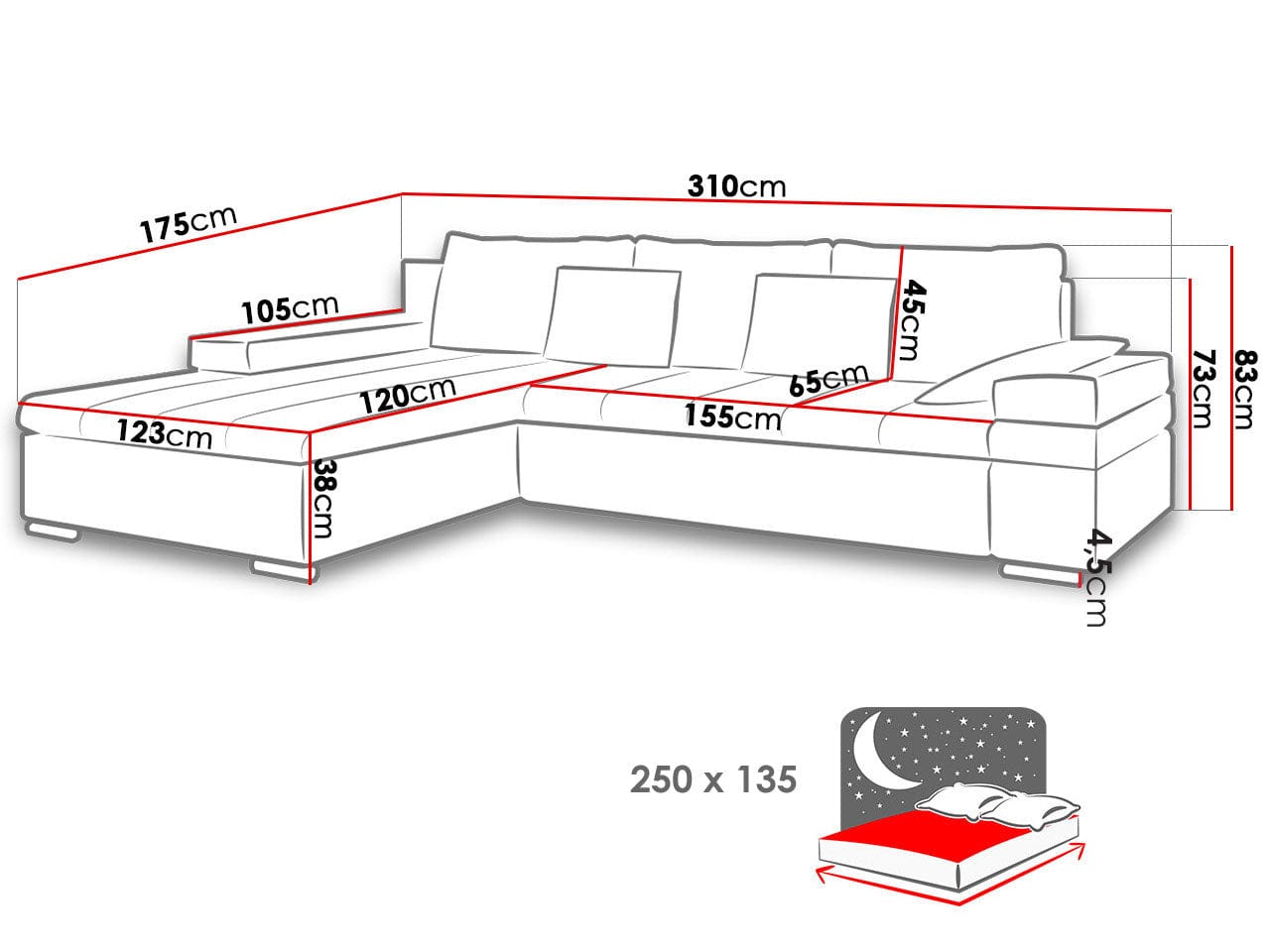 MABEL Sectional Sleeper Sofa, Light Gray