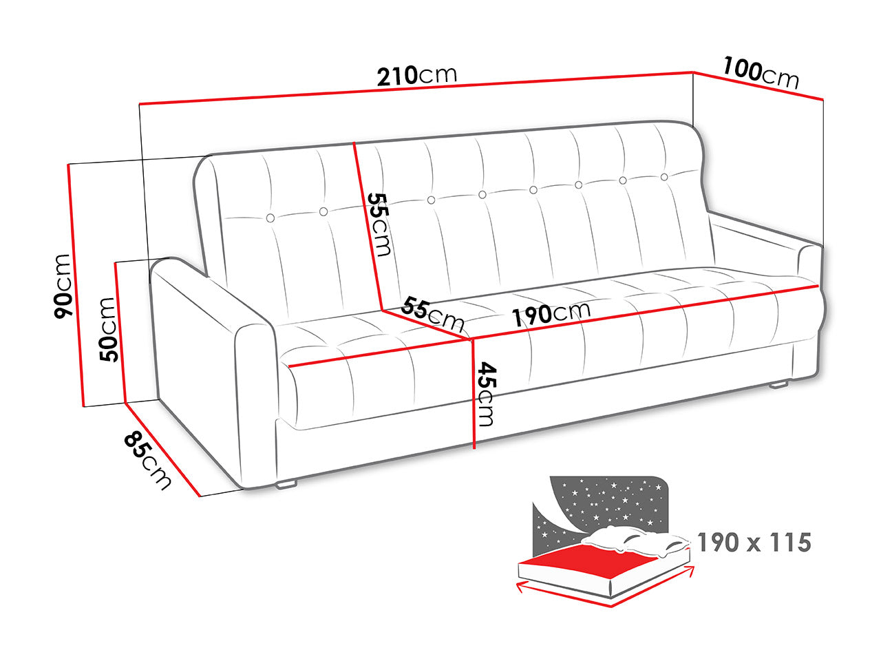 MAXIMA HOUSE Venus Sleeper Sofa Bed with Storage, Two-Toned Gray and Black