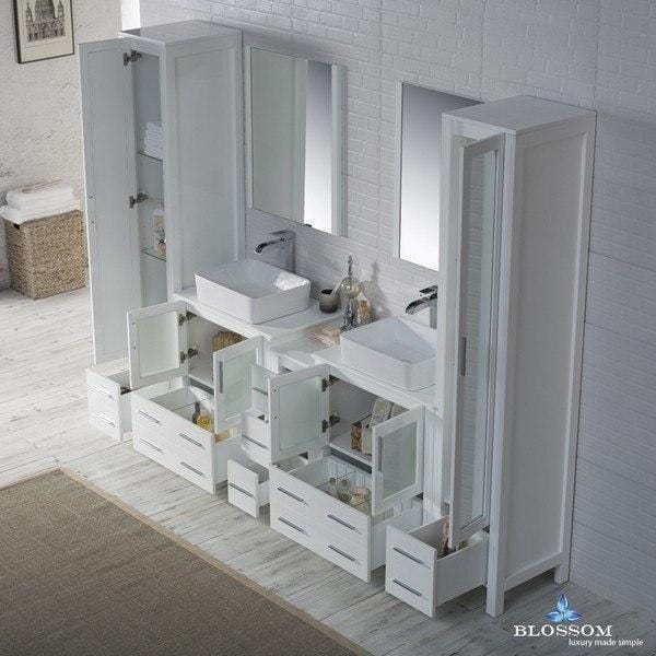 Blossom  Sydney 102 Inch Vanity Set with Vessel Sinks and Mirror Linen Cabinet in Glossy White