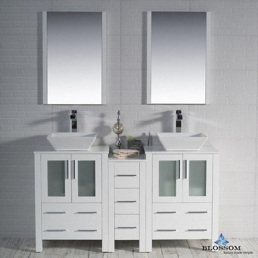 Blossom  Sydney 60 Inch Double Vanity Set with Vessel Sinks and Mirrors in Glossy White