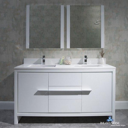 Blossom  Milan 60 Inch Double Vanity Set with Mirrors in Glossy White